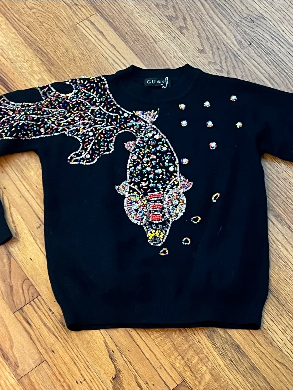 Black Embellished Sweater with Beaded Fish